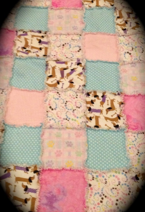 Flannel print rag type quilt with batting featuring dachshund