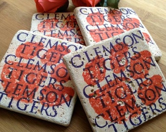 Clemson Tigers Natural Stone Coaster Set, Beer Coaster, Coaster