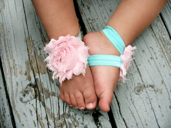 Baby Barefoot Sandals..Light Pink Flowers on Aqua Elastic..Toddler ...