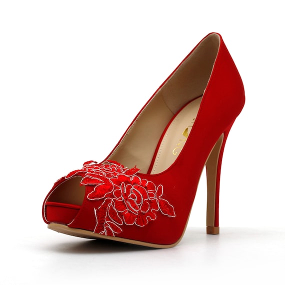 Items similar to Red Wedding Shoes,Red Bridal Heels,Red Satin Lace ...