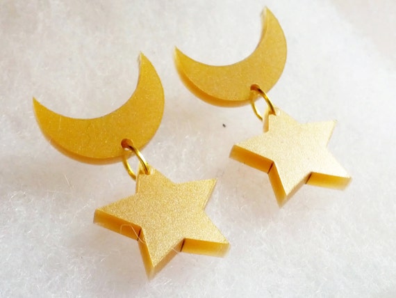 Sailor Moon Earrings: CRESCENT & STAR Metallic Gold Laser Cut Acrylic Sailor Moon Crescent Moon and Star Earrings