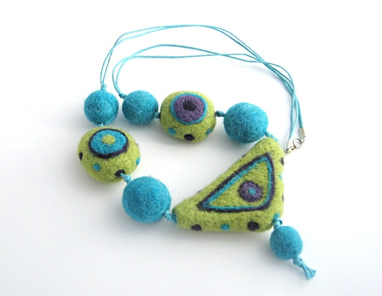 Felted necklace beaded necklace hand felted felt turquoise