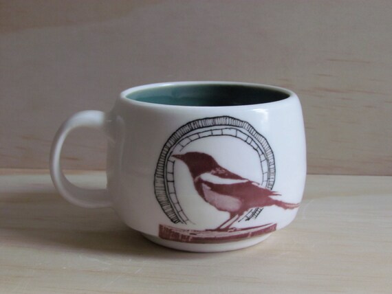 Magpie Bird Tea or Coffee Mug Teal Green Inside. Modern.