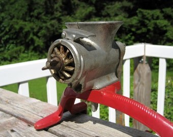 Unique Vintage Universal Cast Iron Meat Grinder with Red Countertop Grip Stand
