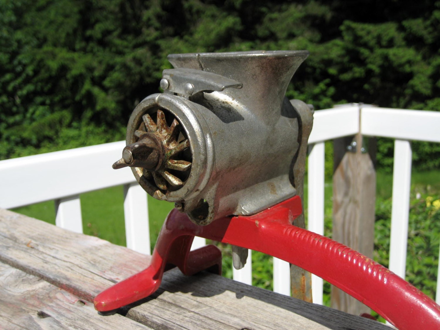 Unique Vintage Universal Cast Iron Meat Grinder with Red