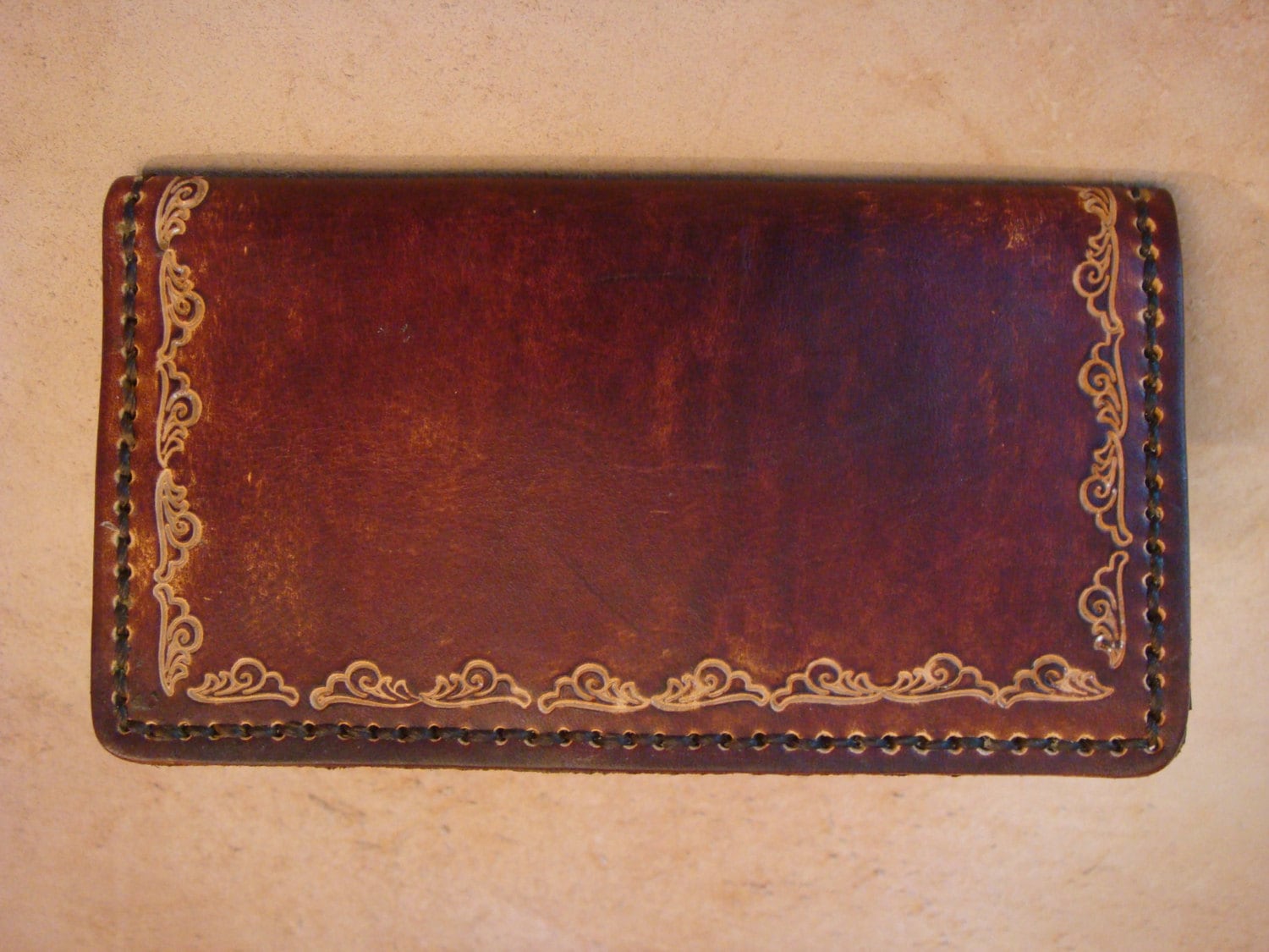 Tooled Leather Checkbook Cover Tooled Leather Wallet Brown