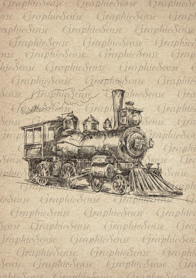 Retro Steam Locomotive Printable Graphics Digital Collage