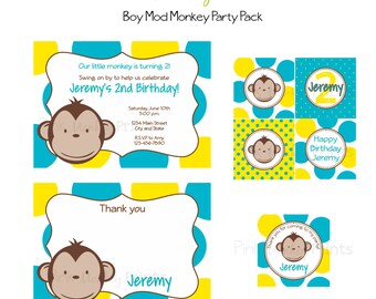 DIY - Boy Mod Monkey Birthday Party Pack 2- Coordinating Items Available
