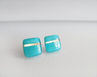 Turquoise Gold Square Stud Earrings - Hypoallergenic Surgical Steel Posts