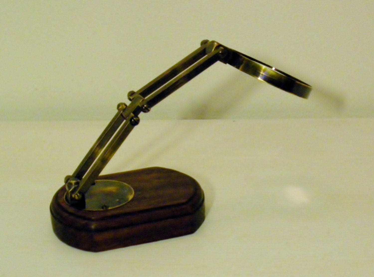 Bronze Table Top Magnifying Glass Mahogany Base Suit