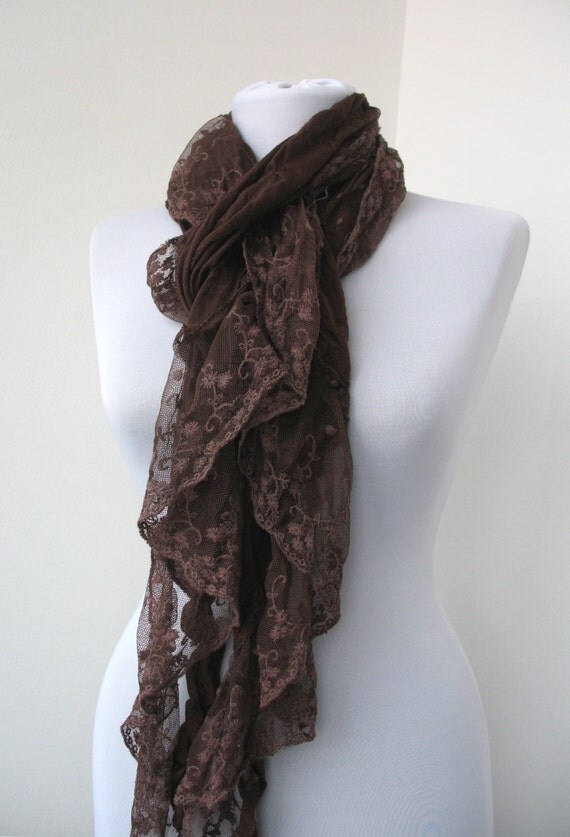 Brown Lace Scarf Soft Cotton Jersey Fabric Scarf Cowl