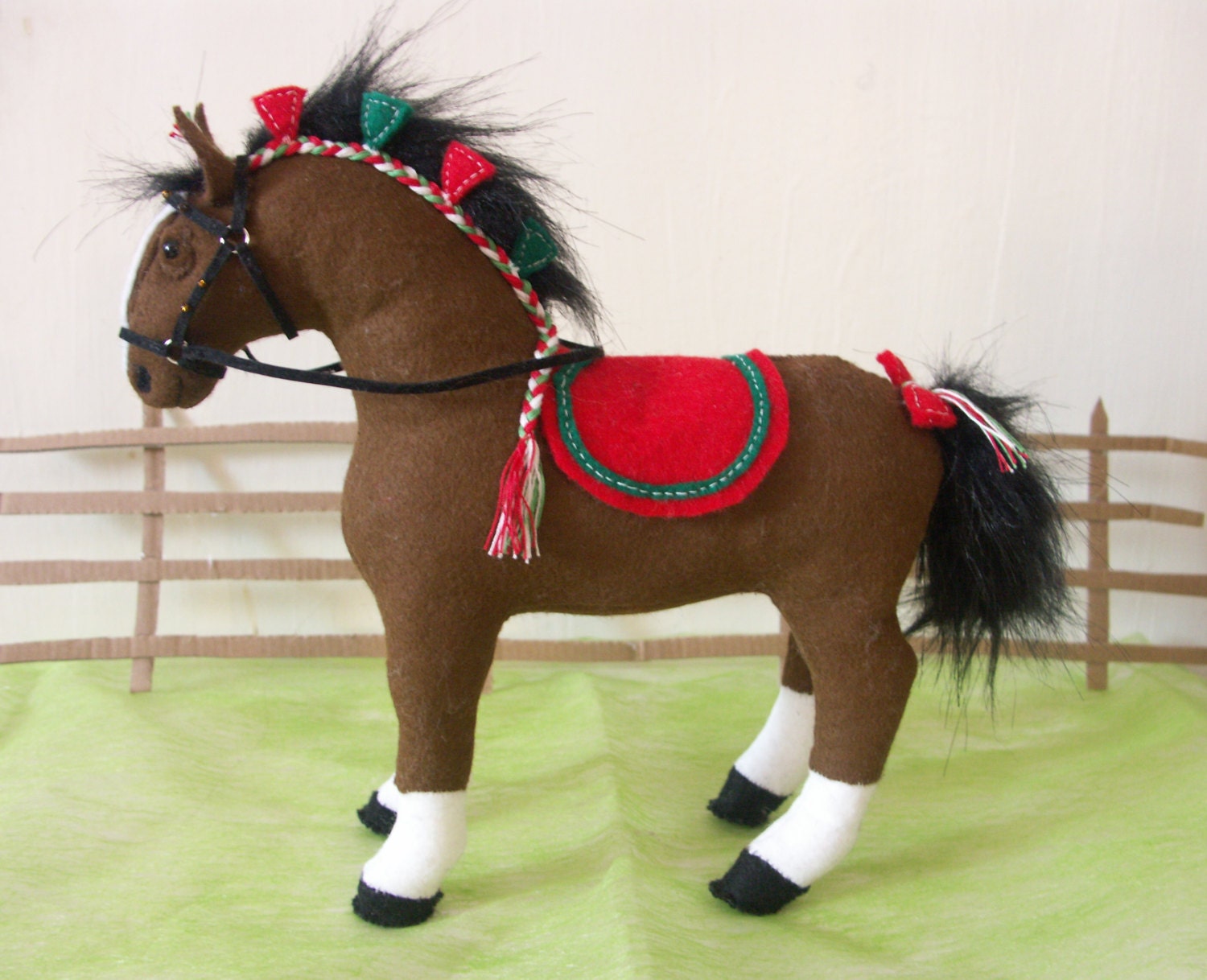 Brown draft felt soft toy horse with bridle