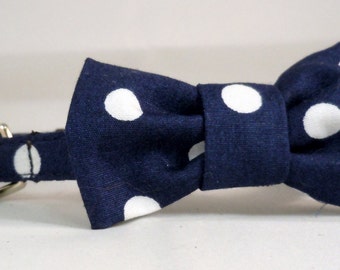 Cat Collar or Kitten Collar with Flower or Bow Tie - Dark Blue Polka Dots
