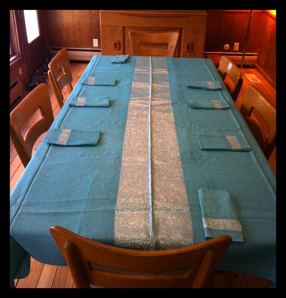 Turquoise and Silver Metallic Tablecloth and 8 cloth Napkins