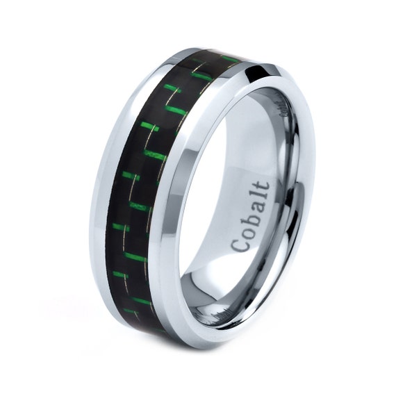 Mens Cobalt Wedding Band Ring 8mm Green Carbon Fiber Inlay 7-12 Half ...