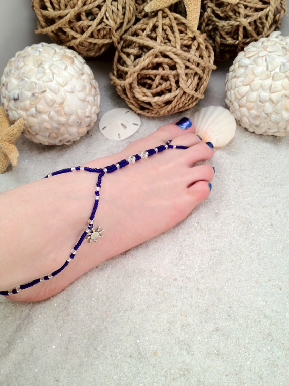 Blue Barefoot Sandals - foot jewelry, toe ring anklet in bright ...