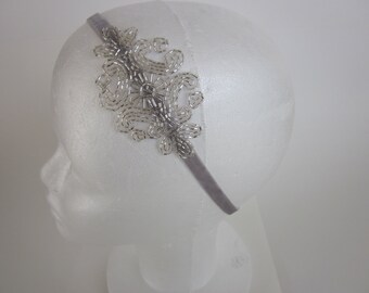 Great Gatsby Wedding Headpiece Headband Fascinator Silver Serre Tete Gray 1920s Flapper Wedding Art Deco Beaded Velvet