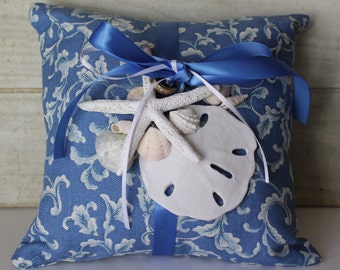 SALE! - Wedding Ring Bearer Pillow - Nautical - Beach - Seashells - Sand Dollar - Star Fish - Blue and White - Cottage Chic