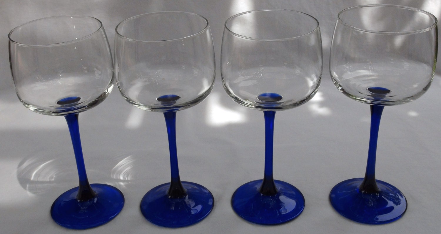 Set of 4 Vintage Hock Wine Glasses Cobalt Blue Stem