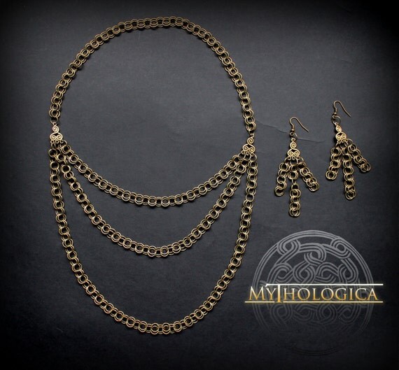 Bronze tone necklace with earings by Mythologicacreations on Etsy