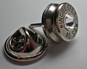 40 Smith & Wesson Winchester Nickel Bullet Head Tie Tac Hat Pin Lapel Your Choice of Birthstone Swarovski Crystal