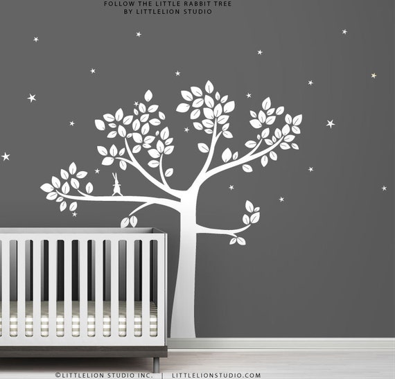 White Follow the Little Rabbit Tree Wall Decal by LittleLion Studio