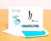 Baby Boy Card - Stork Carrying Baby - Congratulations