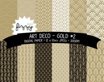 JPEG: 12 x Art Deco Great Gatsby 1920s 1930s Gold No.2 Patterned Digital Paper Clipart with Instant Download. MPS0027