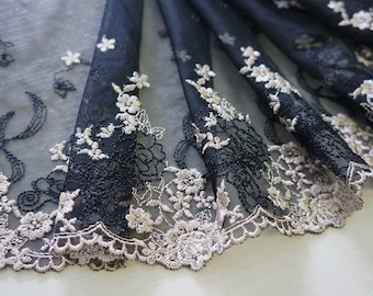 7.25" black embroidered tulle net lace trim - per 2 yard