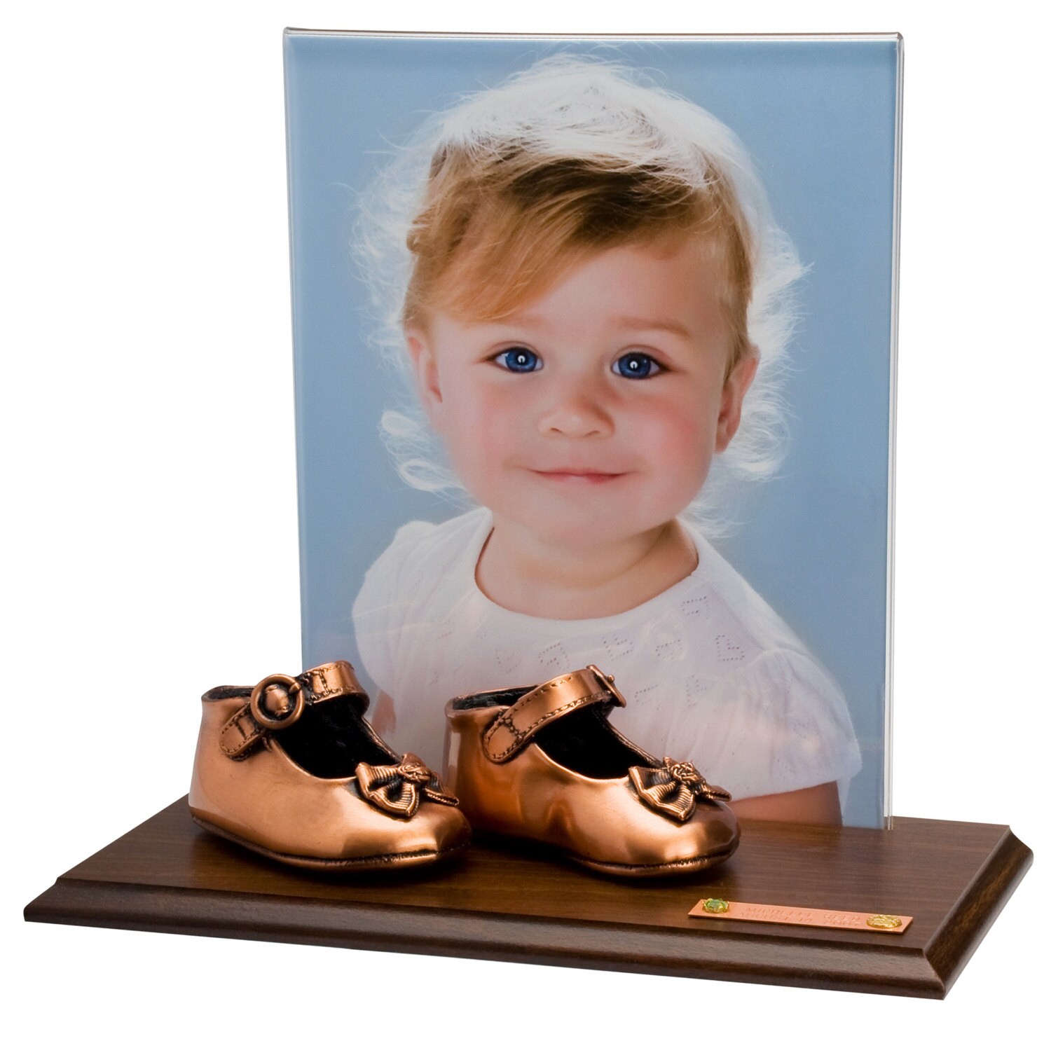 Bronzing Two Baby Shoes and Mounting on Walnutfinished