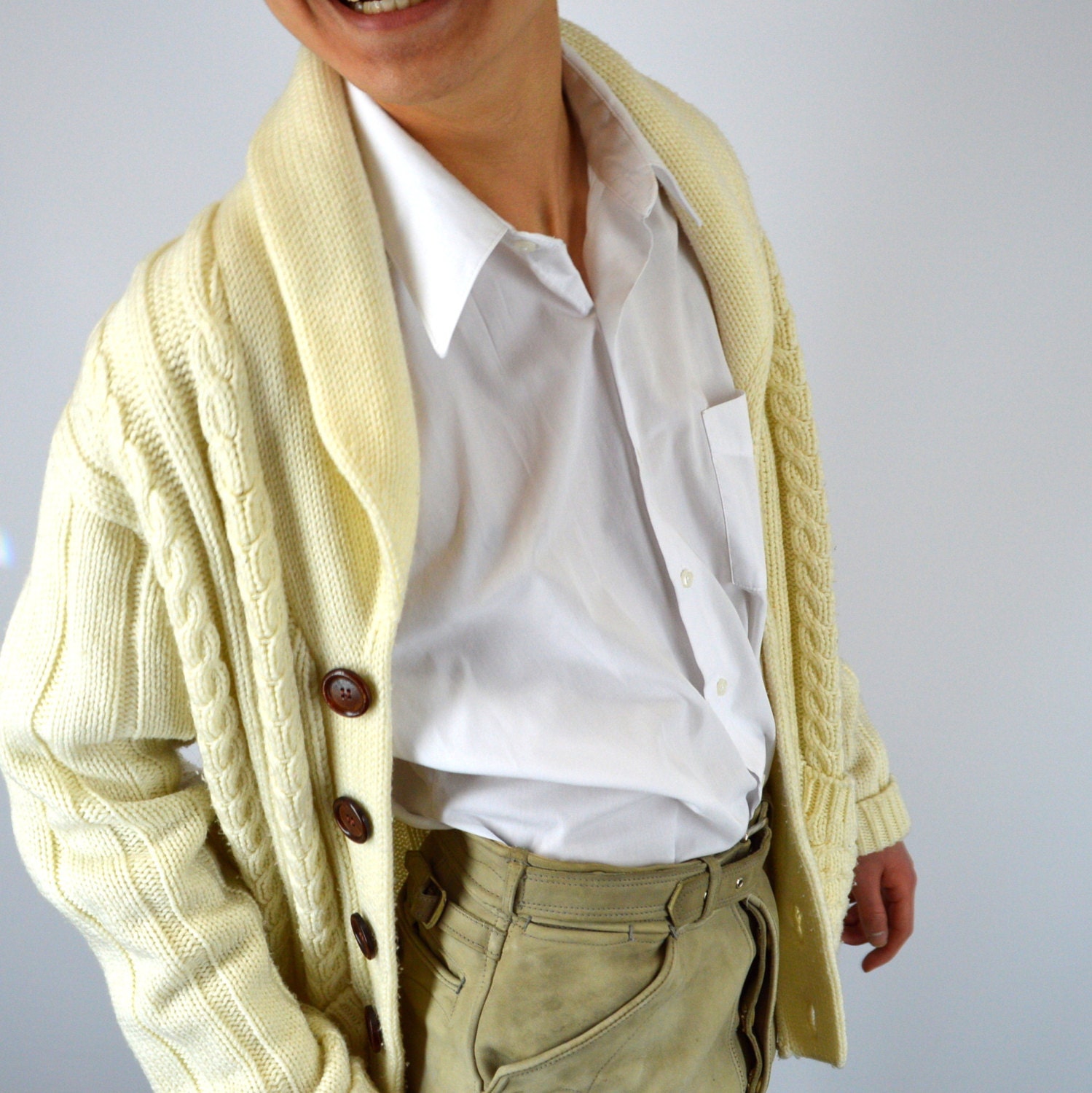 Mens Vintage Cardigan Cream Cable Knit Sweater Fireside Chat