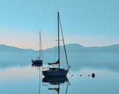 Color Photo of a Sailboat -- Sailing Soon - Lake Tahoe in the Morning Mist Photography Fine Art Print Landscape  9 x 12 Matte photo