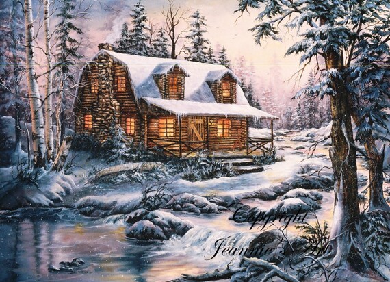 Cabaña en la nieve imprimir desde pintura al óleo por jeansart64