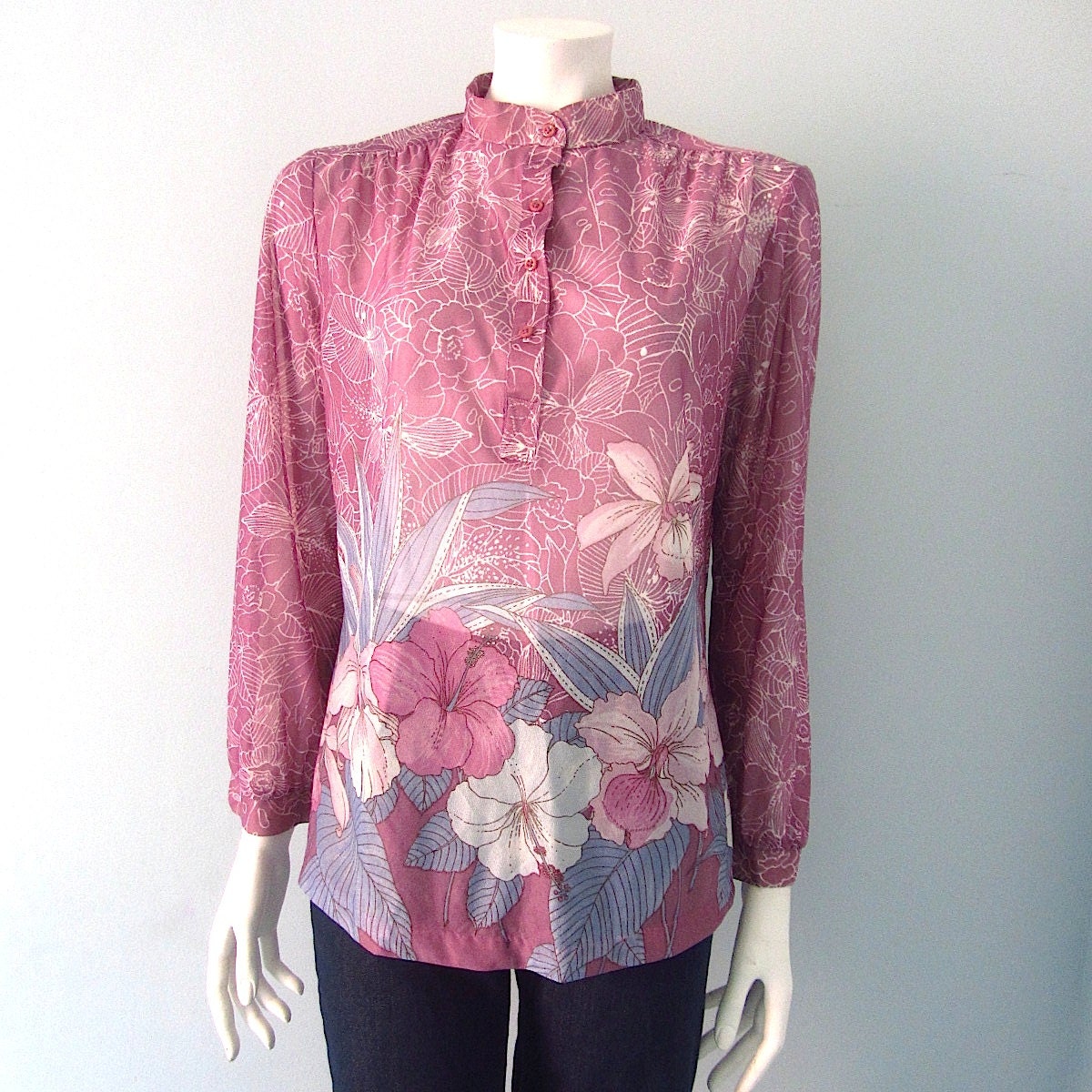 Vintage 80s sheer blouse muted plum pink floral button up