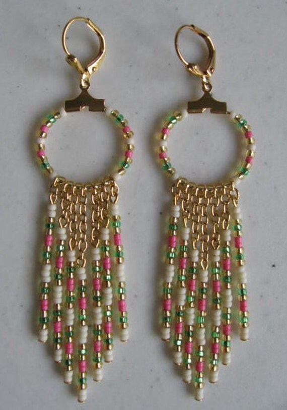 Clearance Seed Bead Hoop Chain Earrings Pink/Green/Cream