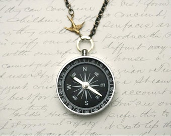 Never Lost Compass Necklace, Working Compass Necklace Compass With Bird, Jewelry Steampunk, Sparrow Charm Necklace