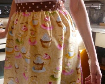 Half Apron Yummy Cupcakes with Polka Dot Waistband and Trim