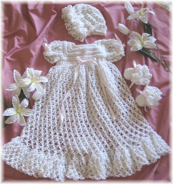 Crochet Pattern for Baby Christening Gown Bonnet and