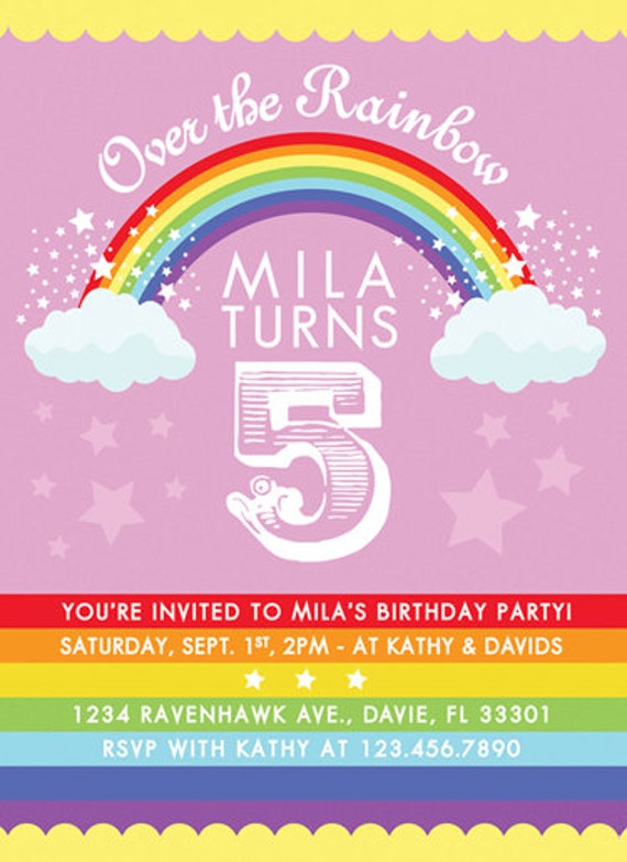 Rainbow Birthday Party Invitation Somewhere Over The