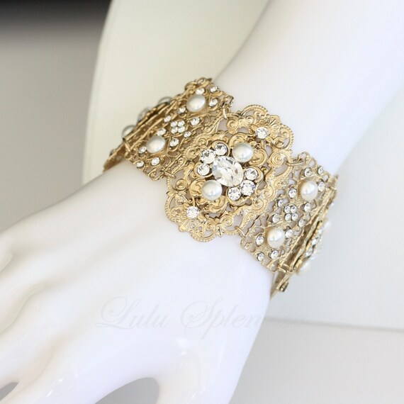 Gold Wedding Jewelry Pearl Gold Bridal Cuff Bracelet Vintage