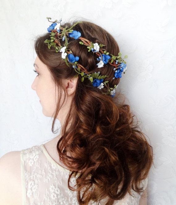 royal blue  flower headpiece blue  wedding  hair  wreath bridal 