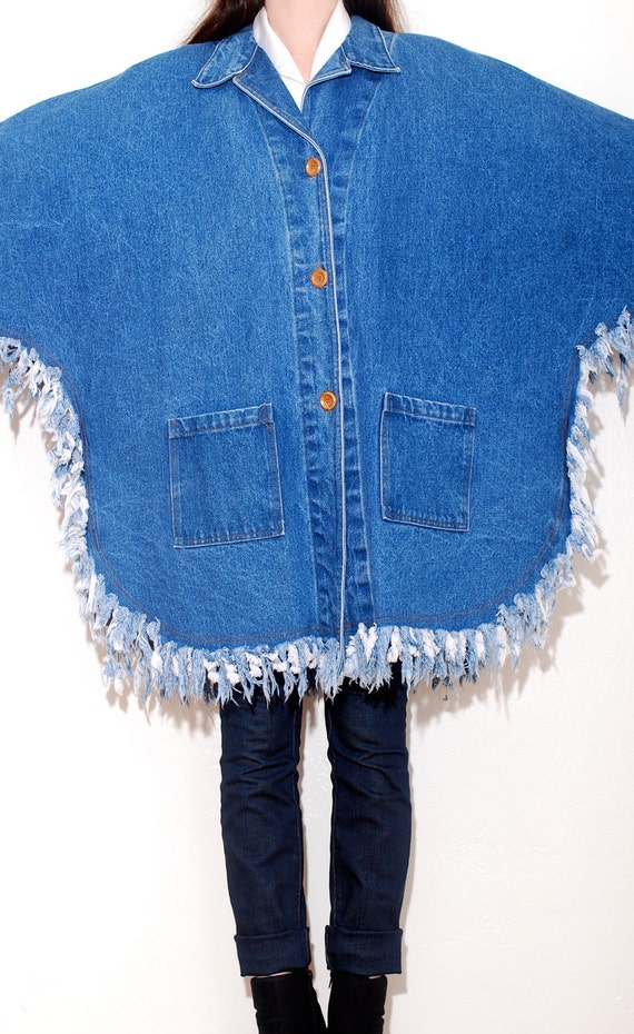 DENIM FRINGE PONCHO // one size // indigo denim poncho cape