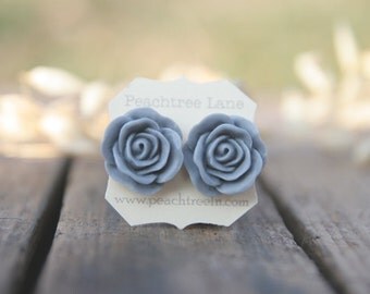 Large Grey Rose Flower Post Earrings // Bridesmaid Gifts // Maid of Honor Gifts