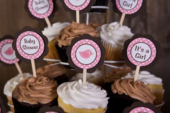 Lil Birdie Theme Cupcake Toppers - Baby Shower Decorations in Pink & Brown (12) Il_570xn