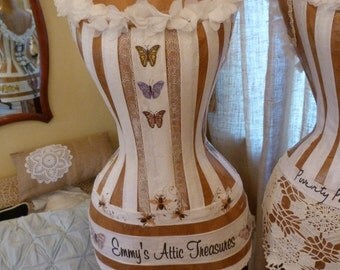 Vintage Inspired Dress Form Mannequin Wasp Waist Fashion Designer Bees Dragonflies Butterflies Hearts Romantic Cottage Free Ship