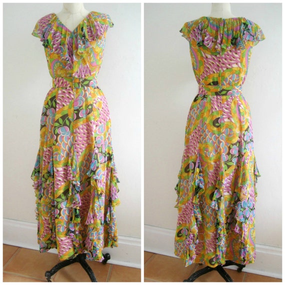 1970's Ruffled Print Dress Psychedelic