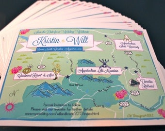 100 4x6 Postcard Prints with Custom Save the Date Map (same design but choose your city/location)
