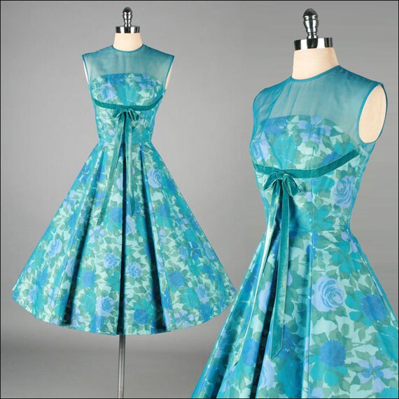Vintage 1950s Dress . JANE PARKER . Aqua Chiffon . Floral