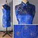 Vintage 1980s Asian Cheongsam Sleeveless Dress, Size 8, Royal Blue Satin Embroidered Brocade, Mandarin Collar