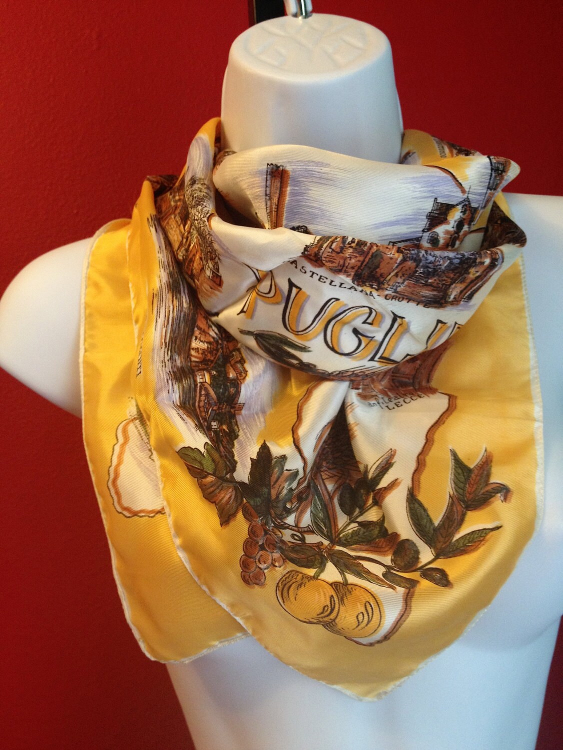 VINTAGE ITALIAN Silk Yellow SCARF shows architecture of